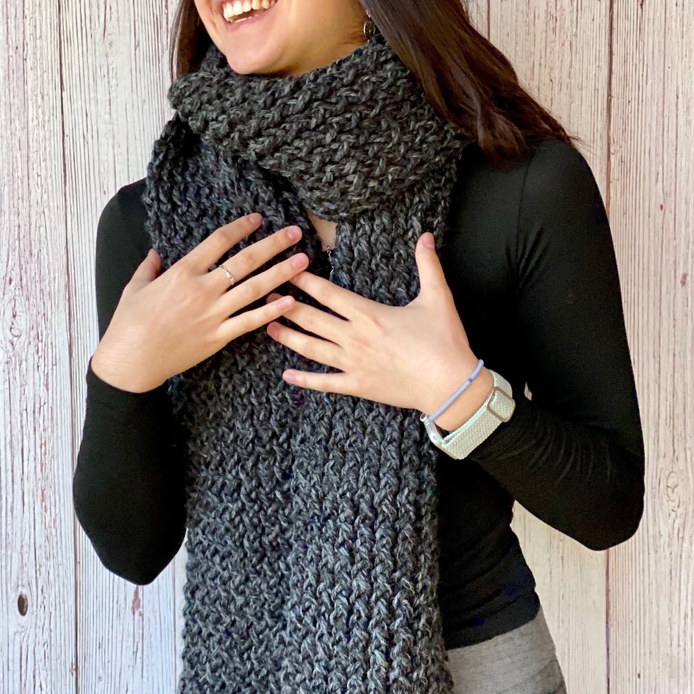 Chunky Scarf Black Gray Long Knit Wool Blen